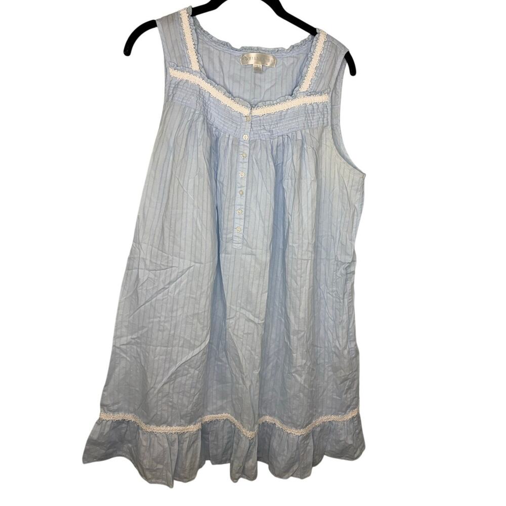 Eileen West Sleeveless Short Nightgown Large Blue Stripes White Lace Feminine